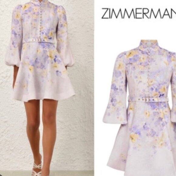 Zimmermann Crush Buttoned Mini Shirt Dress Lilac Floral Size 1 - Picture 1 of 6